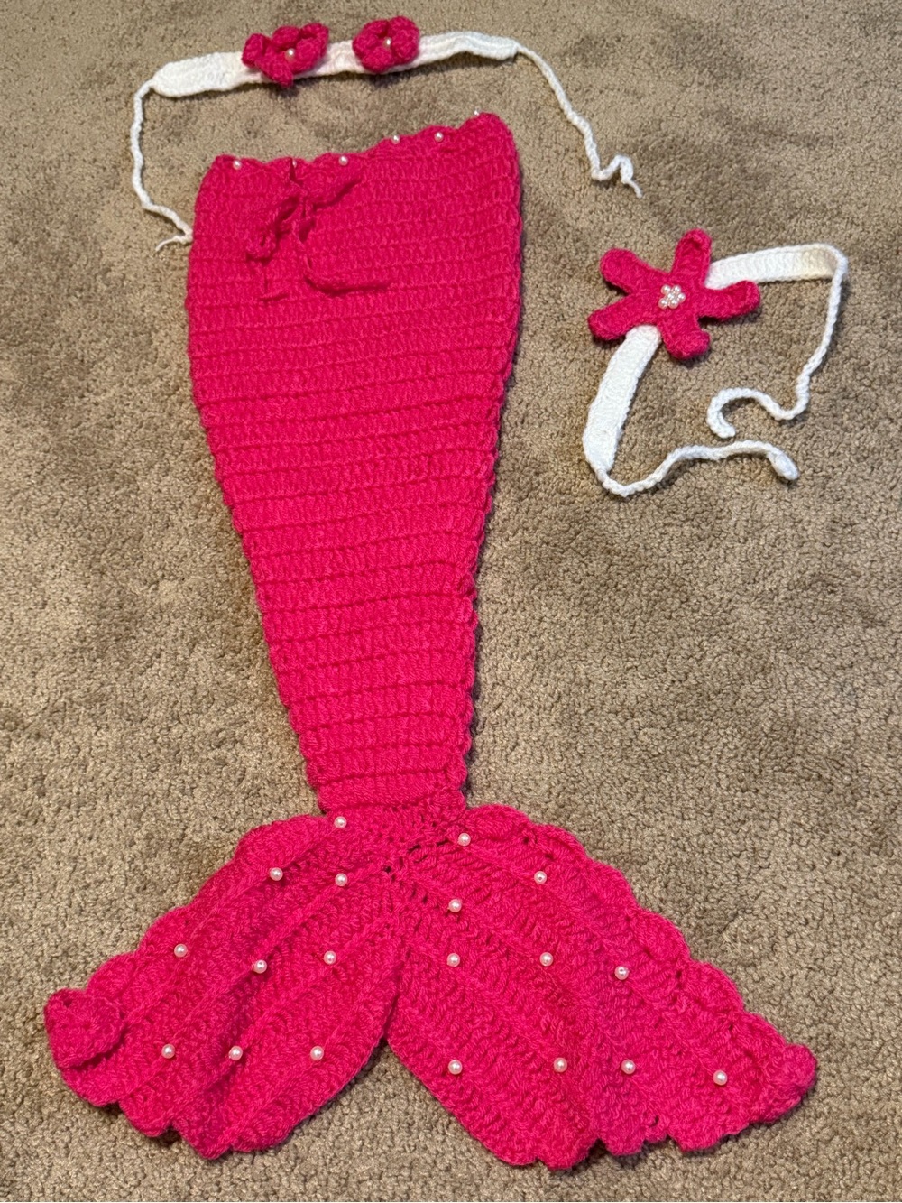Handmade Crochet Knit Infant Girls Mermaid Cocoon Photo Prop Hot Pink Set Cute